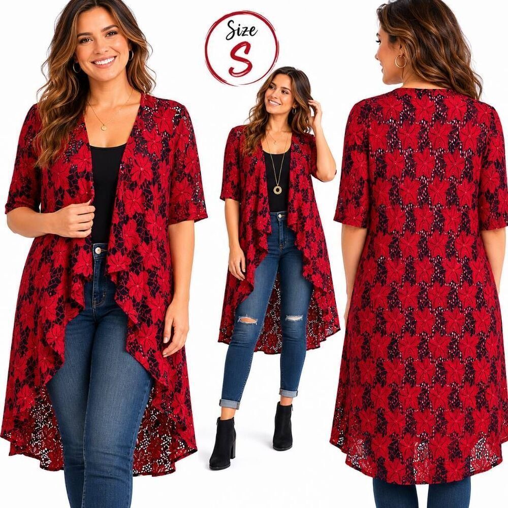 LuLaRoe Women’s Red Black Lace Floral Kimono Duster Cardigan Small